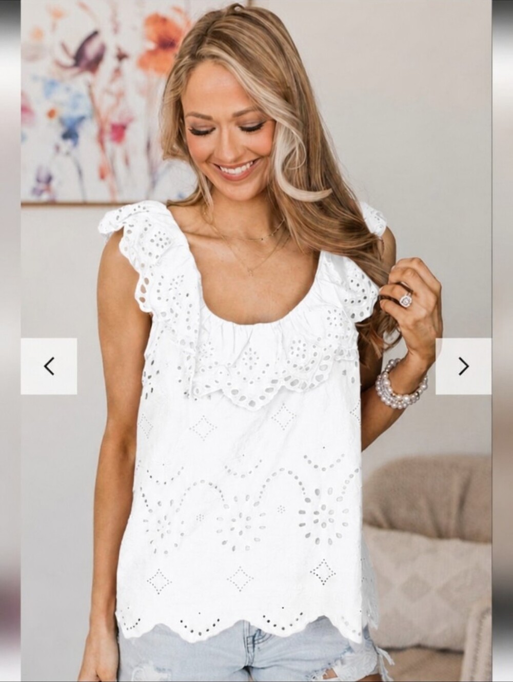 Andree By Unit White Eyelet Ruffle Neck scallop trim Women's Top Sz 1X